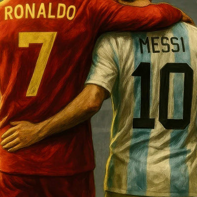 quadro moderno cristiano ronaldo messi abbraccio stadio calcio champions league dettaglio tela